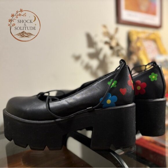 Lamoda Shoes - NWOT Lamoda Black Floral Chunky Platform Shoes with Calf-Height Laces